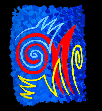 Modern abstract painting by Randall Street in blues, red and yellow