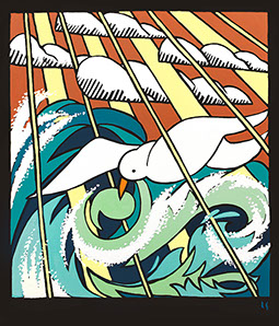 bird flying over the crashing waves and sun streaking down through clouds