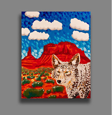 acrylic painting blues and reds of coyote in arizona scenery