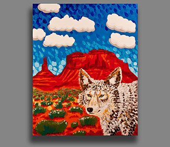 acrylic painting blues and reds of coyote in arizona scenery