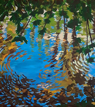 Acrylic art of river water reflecting the sky and trees