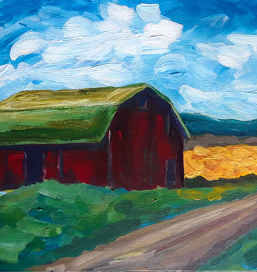 modern acrylic painting of red barn with green roof