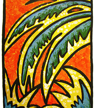 Gouache art of palm leaves in orange, yellow and green
