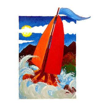 wooden raft with big red sails going down the river