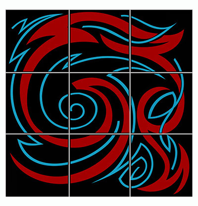 Abstract art design by Randall street in red, black and light blue.